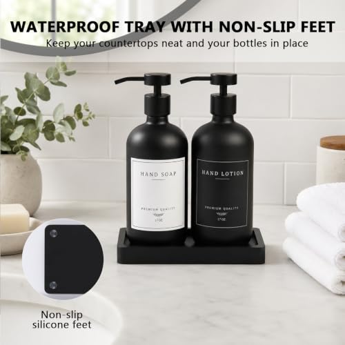 Black Soap Dispenser - Kitchen Hand Dish Soap Dispenser, Glass Bathroom Soap Lotion Dispenser with Tray, Dishwashing Liquid Dispenser, 14 Stickers, Black Bottle/Black Pump-pd - color: Black Bottle/Black Pump + Tray