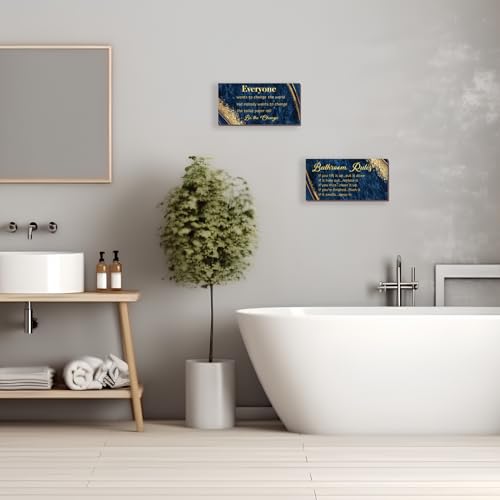 DONFENTHY 2 Pieces Blue Gold Bathroom Decor Rustic Farmhouse Wooden Signs Bathroom Rules Wall Art 12x6 Inch - color: Blue