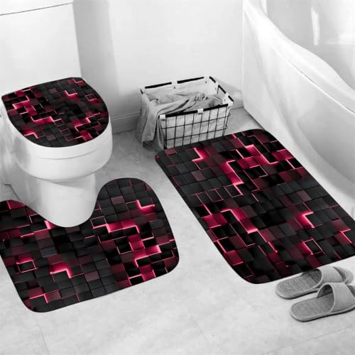LQCOOL 4Pcs Pink Shower Curtain Set 3D Cubes Bathroom Sets Modern Shower Curtain Set for Bathroom Sets with Rugs Black and Pink Shower Curtain with 12 Hooks - color: Black Pink