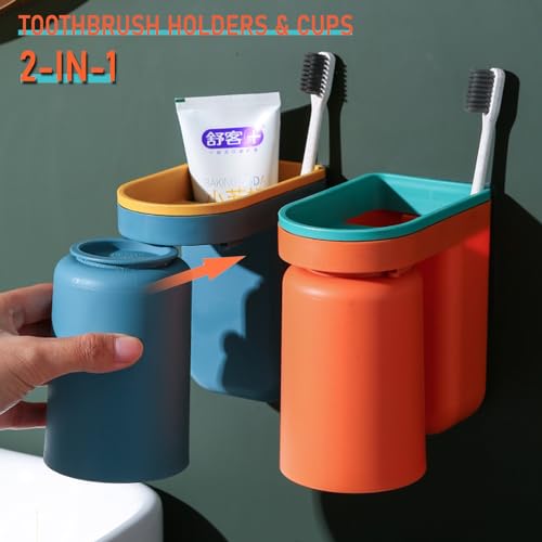 Toothbrush Holder Wall Mounted with Cup,2-in-1 Toothbrush Holders & Cups Set,Inverted Design for Easy Cleaning and draining,Stick-on Toothbrush Holder for Bathroom (Green+Yellow) - color: Green+yellow