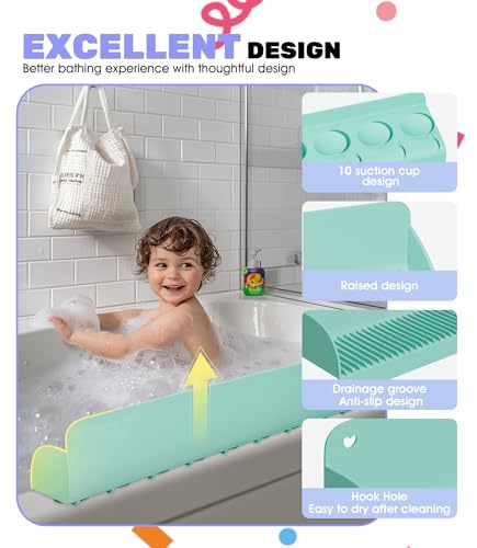 Splash Guard for Bathtub, Silicone Bathtub Topper & Bath Storage Tray, Longer and Higher Water Splash Guard, Bathroom Accessories for Family (Green)