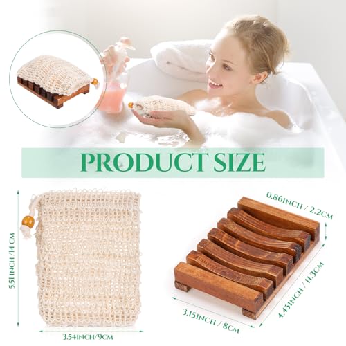 Mumufy 12 Pcs Wood Soap Dish and Exfoliating Bag Set 4.5 x 3.35 x 0.87 inches Self Draining Soap Saver Wood Tray for Bathroom Shower Travel(Brown,Bamboo) - color: Brown