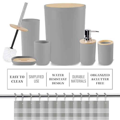 Britimes Bathroom Accessories Set, Grey Shower Curtain Set with Trash Can, Soap Dispenser, Toilet Brush Holder, Toothbrush Holder and Toothbrush Cup for Bathroom Decor - color: Grey1