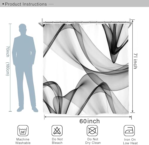 Miyotaa Black White Gray Shower Curtain Set 60Wx71H Inches Abstract Modern Contemporary Art Waves 3D Polyester Waterproof Bathroom Curtain with 12 Hooks - color: Black White Gray Waves, size: 60"W x 71"L (Pack of 1)