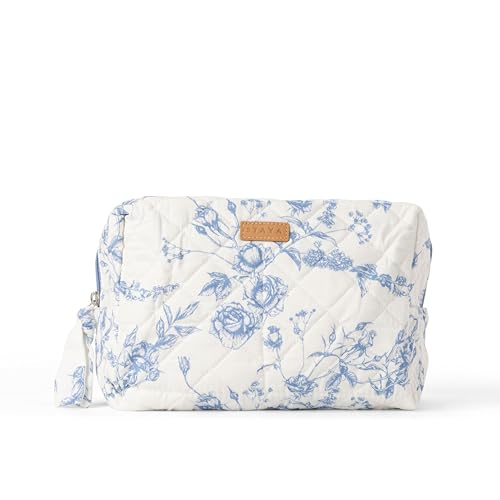 Staya Quilted Makeup Bag for Women – Cotton Travel Cosmetic & Toiletry Pouch, Small Aesthetic Organizer for Purse & Carry-On (Coastal Grandma) - color: Coastal Grandma