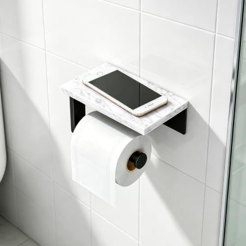 Gypie Marble Toilet Paper Holder with Shelf, 304 Stainless Steel Screw Wall Mounted, Tissue Roll Holder for Bathroom Washroom Matte Black - color: Black
