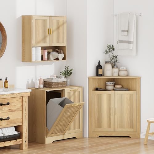 Fluted Bathroom Cabinet,Bathroom Wall Cabinet with Adjustable Shelves,Wooden Wall Storage Cabinet for Bathroom,Kitchen,Living Room,Bedroom