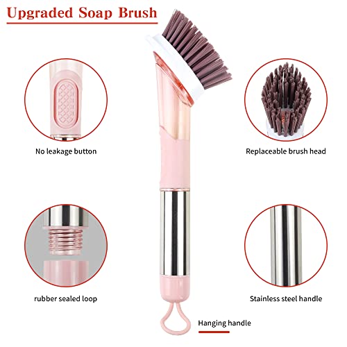 Dish Cleaning Brush, Soap Dispensing Dish Brush Set with 4 Replacement Heads and Storage Holder, Kitchen Scrub Brush for Dish Pot Pan Sink Cleaning (Pink) - color: Pink