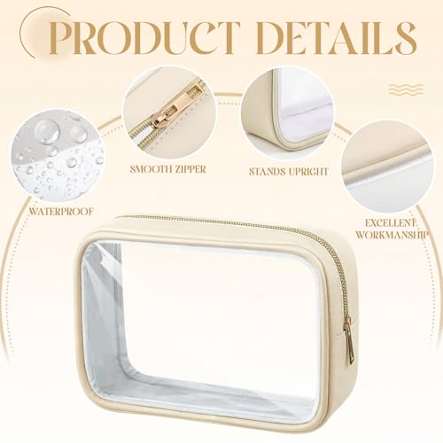 Abbylike 6 Pcs Clear Makeup Bags Bulk PU Leather Cosmetic Pouches Transparent Toiletry Bags with Zipper Waterproof Purse Skincare Car Organizer for Girl Women Travel Gifts(Beige) - color: Beige