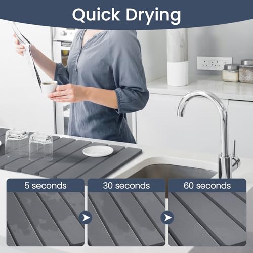 Meowoo Stone Drying Mat for Kitchen Counter, 23.6"x15.3" Foldable Diatomaceous Earth Mat, Super Absorbent, Quick-Dry Bath & Kitchen Pad for Dishes, Cups, Non-Slip, Fits Any Countertop - Dark Gray - size: 23.6" x 15.3"
