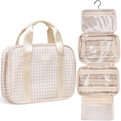 Jadyn Hanging Toiletry Bag, Expandable Toiletry Organizer for Women, Water Resistant Large Travel Cosmetic Bag for Full Size Makeup, Toiletries, Lotion, Shampoo, Accessories (Beige Gingham) - color: Beige Gingham