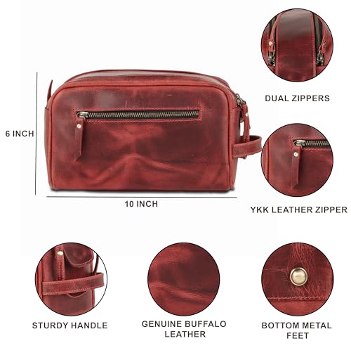 KomalC Leather Toiletry Bag for Men & Women – Handcrafted Travel Grooming Kit with Water-Resistant Lining and Secure Zipper Closure - style: 1 Zip Classic Red