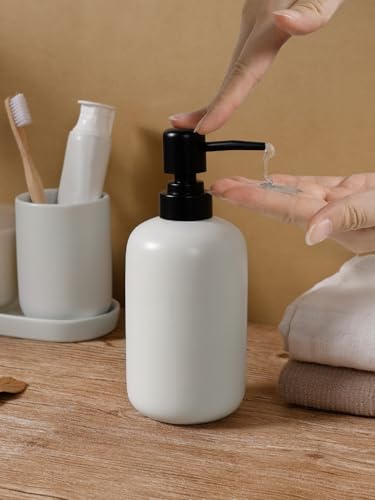 INGOFIN 3 Pcs Ceramic Bathroom Accessory Set - Liquid Soap Dispenser, Toothbrush Holder & Tray, Bathroom Counter Set, Countertop Essentials for Home, Guest Bathroom, or Office Use, White - style: Liquid-White