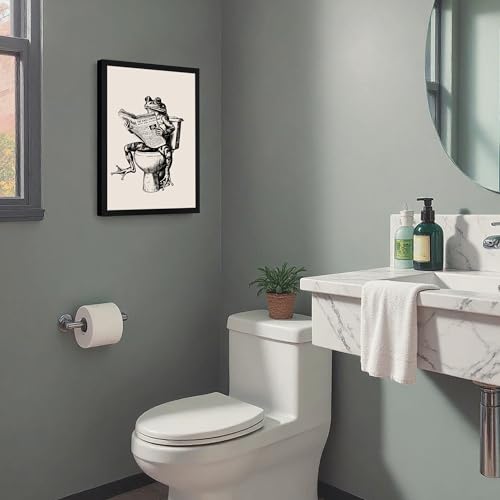 Urmoya Funny Frog on Toilet Bathroom Decor Framed Wall Art 12x16 in | Wood frame, Frog reading newspaper print, Humor decor, Canvas wall art, Ready to hang, for bathroom or restroom - color: Frog, size: 16"L x 12"W
