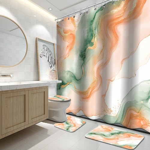 Lnond 4Pcs Marble Bathroom Sets with Shower Curtain and Rugs, Orange Green Marble Modern Art Bathroom Shower Curtain Sets with Rugs and Accessories - color: Orange Green Marble
