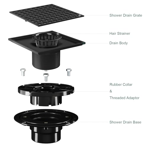4 Inch Shower Floor Drain with Flange - Square Shower Drain with Hair Strainer - Removable Grid Strainer Cover - SUS304 Stainless Steel - Matte Black - color: Matte Black