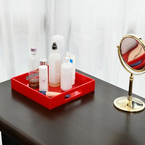 Sturdy Red Acrylic Serving Tray with Handles - 12x12 Inch - Coffee & Appetizer Platter - Kitchen Counter & Vanity Organizer - color: Glossy Red, size: 12" x 12" x 2"
