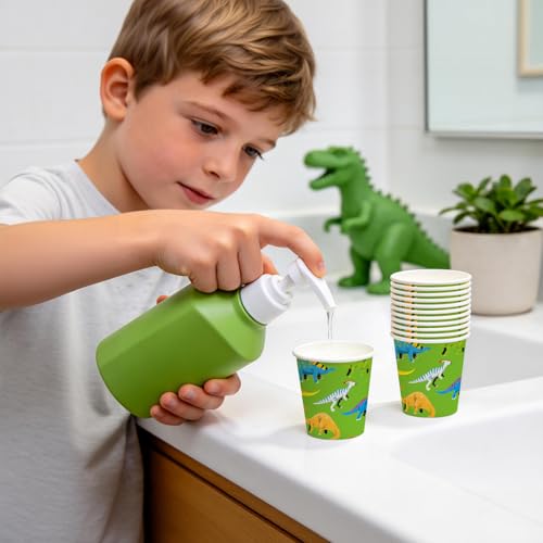 WRAPAHOLIC 3oz Dinosaur Paper Cups - 100 Pack Disposable Bathroom Cups with Green Orange Blue Purple 4 Designs, Small Mouthwash Cup for Toothbrush Rinse, Home Bathroom Baby Shower and Kids Birthday - color: Green/Orange/Blue/Purple Dinosaur
