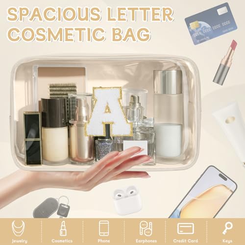 Initial Clear Makeup Bag, Birthday Gift Preppy Chenille Patch Cosmetic Bag, Initial Travel Essentials Beach Toiletry Pouch, Ideal Gift for Teachers & Moms, Women and Girls (Beige, A) - color: Beige, style: A