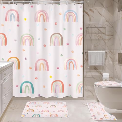 4 PCS Pink Kids Rainbow Shower Curtain Set 72Wx72H Inch Girls Boho Cute Bathroom Rug Set Polka Dot Child Toilet Lid Cover Nonslip U Shape Mat Quick Dry Rubber Backed Dirt Resistant Accessories - color: A Rainbow Pink, size: 72"W x 72"L (Pack of 1)