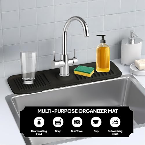17'' Inch Kitchen Sink Faucet Mat Guard for Sink Area Durable Silicone Splash Mat Multi-Use Water Catcher Tray Fast Drying Draining Protector (Black) - color: Black, style: 17.7 Inch