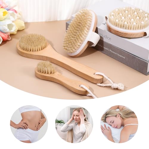 4PCS Dry Brushing Body Brush Set, Bamboo Dry Brush for Exfoliating Body Face, Boar Bristle Face Cleansing Shower Back Scrubber Brushes