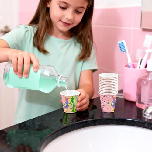 WRAPAHOLIC 3oz Witch Birthday Paper Cups - 100 Pack Disposable Bathroom Cups with Magic Witch Design, Small Mouthwash Cup for Toothbrush Rinse, Home Bathroom and Girls Birthday - color: Green & Pink Witch