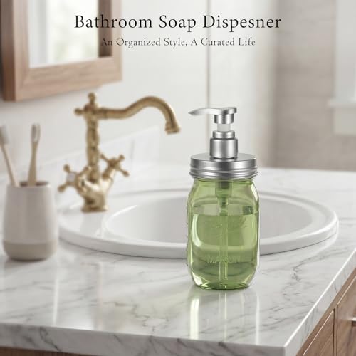 Amolliar Plastic Mason Jar Soap Dispenser with Pump Lid,16OZ Refillable BPA-Free Hand Soap Dispenser Set with Cute Lables, Farmhouse Decor for Kitchen/Bathroom, Liquid Dish Soap, Lotion(2 Pack, Green) - color: Green Jar With Silver Pump