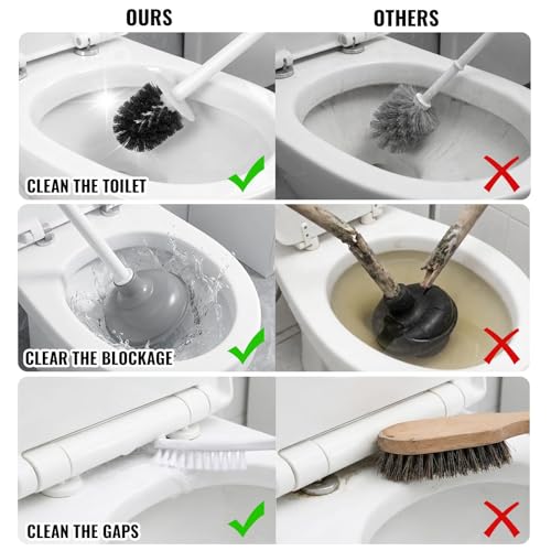 3-in-1 Toilet Brush and Plunger Set with Hidden Holder, Vented Stand & Drip Tray, Hangable or Freestanding, 360° Deep-Clean Brush Head + Gap Brush, Shatter-Resistant Handles（White）