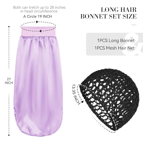 Long Bonnet-Crochet Hair Net Set Braid Bonnets for Black Women Mesh Hair Net Anti Frizz Satin Large Bonnet for Curly, Braids Hair 2 Piece Set Reusable Elastic (black net, light purple bonnet) - color: Black Net, Light Purple Bonnet