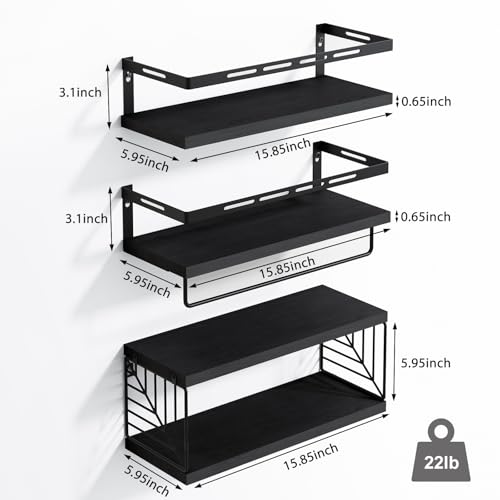 Fixwal Wall Mounted Bathroom Shelves Over Toilet, Rustic Wood Floating Shelves with Metal Frame and Towel Bar for Bathroom, Kitchen, Bedroom, Living Room (3 Plus 1 Black) - color: 5-black