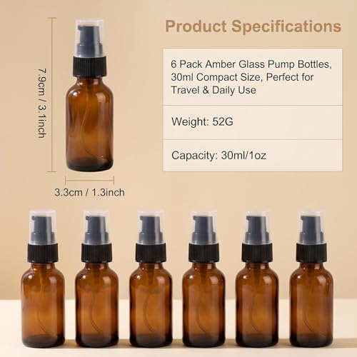 6PCS 30ml/1oz Amber Glass Lotion Pump Bottles Empty Refillable Cosmetic Makeup Travel Size Pump Dispenser Container Jars for Lotion Cream Essential Oils Toiletries