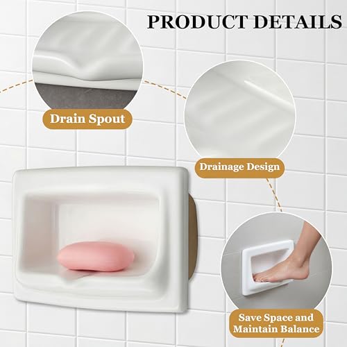 1 Pcs 9.8 x 6.5 White Vintage Recessed Ceramic Soap Dish for Shower Wall, Space-Saving, Large Retro Ceramic Soap Holder, Self-draining Built-in Holder for Bathroom & Laundry Keep Dish Dry - style: Recessed