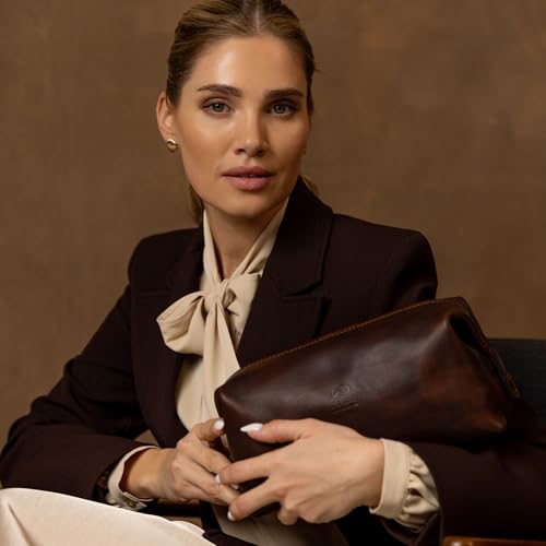 Time Resistance Leather Toiletry Bag - Italian Cosmetic Case Dopp Kit (Brown) - color: Brown
