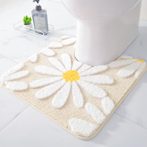 QJHOMO Toilet Rugs U Shaped, Beige Toilet Mat Cute Daisy Contour Bath Rug 20"x20", Extra Thick Soft Machine Washable Toilet Carpet, Non Slip Bathroom Floor Mats Super Absorbent Microfiber Bath Rugs - color: Beige, size: 1'8" x 1'8" (U-Shape)