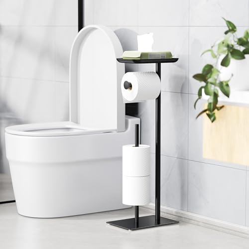 Toilet Paper Holder Stand with Top Storage Shelf, Free Standing Toilet Roll Dispenser for Bathroom, Holds 4 Reserve Rolls - color: Matte Black