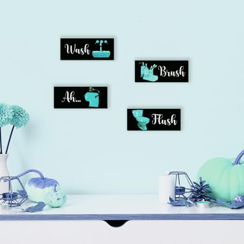4 Pcs Teal Bathroom Decor Funny Teal And Black Bathroom Decor Wooden Modern Funny Glitter for Home Toilet Decoration(10x4") - color: Teal, size: 10 X 4 Inch