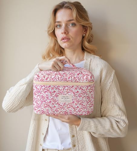 HBselect Quilted Makeup Bag, 3PCS Cotton Large Travel Makeup Bag, Cute Floral Coquette Make up Bag Cosmetic Bag Toiletry Bag for Women Girls - color: A-3PCS-Floral 20
