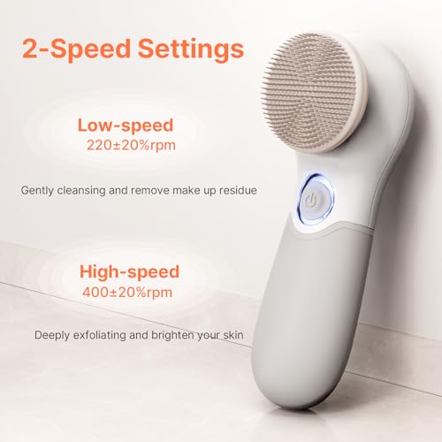 Face Scrubber with 3 Brush Heads & 2 Speeds - Deep Cleaning, Exfoliating, and Massaging for All Skin Types - Facial Cleansing Brush Includes Silicone Head, Travel Case & Free-Plastic Packaging - color: Grey