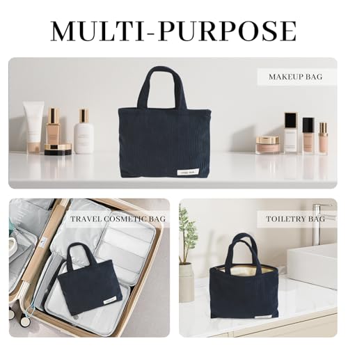 Wudygirl Makeup Bag Travel Cosmetic Bag for Women Small Makeup Pouch with Handle Zipper Cosmetic Pouch Handbag Aesthetic 8.3" x 6.7"(Navy Blue) - color: Navy Blue
