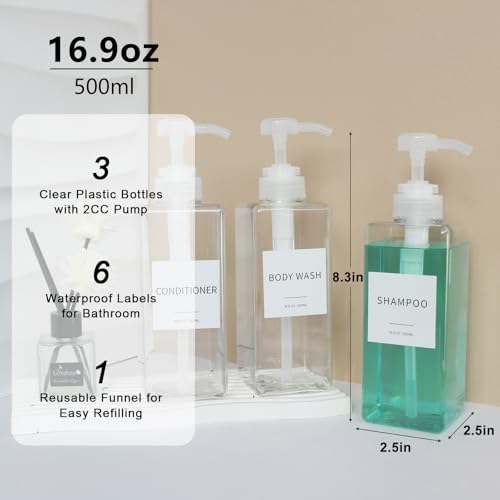 Shampoo and Conditioner Dispenser, Refillable Plastic Shampoo Pump Bottles with Waterproof Labels, Empty Body Wash Dispenser Set for Bathroom, Shower Soap Bottles (Clear, Set of 3, 16.9oz) - color: Clear
