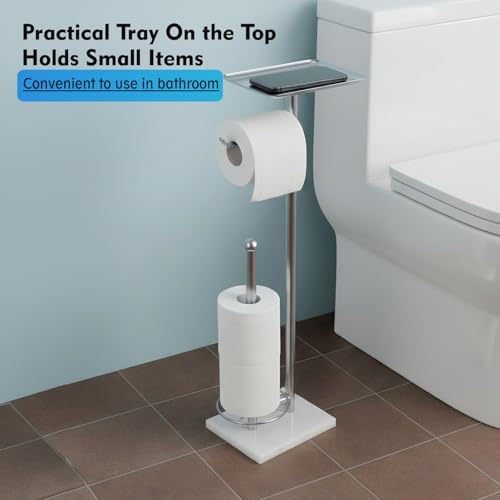 Toilet Paper Holder with Shelf, Free Standing Toilet Paper Holder with Storage - Toilet Paper Stand for Holding Extra 3 Rolls, Tissue Holder for Bathroom (Brushed Nickel with Marble Base) - color: Brushed Nickel With Marble Base