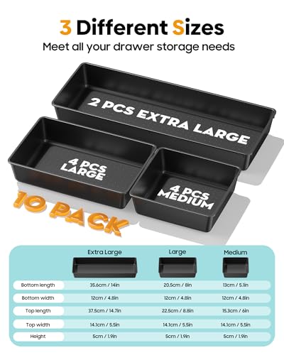 10 Pack Large Size Plastic Drawer Organizers Set, 3 Sizes Desk Drawer Organizer Trays, Storage Bins for Vanity, Makeup, Bathroom, Kitchen Utensils and Office (Black) - color: Black