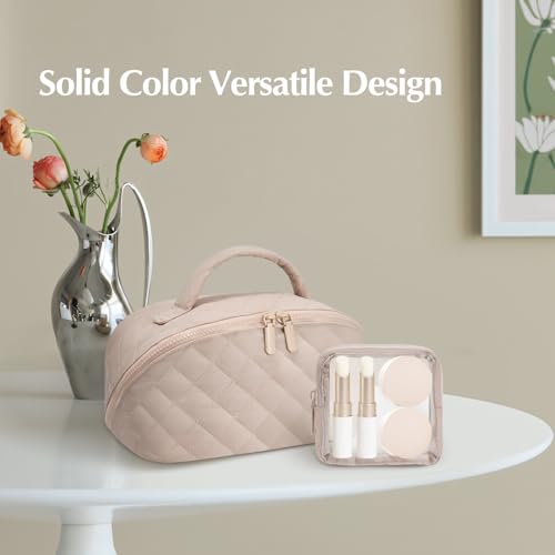 honitty Makeup Bag, Quilted Makeup Bag, Puffy Travel Make up Bags, Cosmetic Organizer Bag, Waterproof Toiletry Bag for Women - color: Khaki