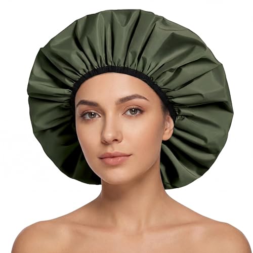 Extra Large Shower Cap for Women, Reusable Waterproof Shower Bonnet with Satin Lining, Double Layer Washable Bath Hair Cap for Braids, Locs, Long Thick Curly Hair, Natural Hair(Big Green) - color: Green