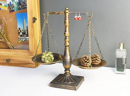 Owlgift Set of 2 Vintage Metal Libra Jewelry Towers Display Cosmetic Organizer Storage, Scale Centerpiece Stand, Antique Jewelry Storage, Farmhouse Candleholder Display – Bronze, 7.7“ W x 12.1“ H - color: 2 Bronze