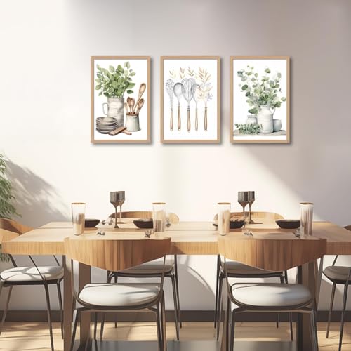 OBXXKZ 3 Pcs Boho Farmhouse Kitchen Wall Art Sage Green Pictures Botanical Paintings Farmhouse Artwork Eucalyptus Nature Art Prints for Dining Room 16"x24" Ready to Hang - color: Kitchen tableware, size: 16x24 inches