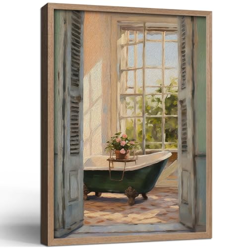 Framed Vintage Canvas Wall Art Print Classical Bathroom Bathtub Poster Flowers Gallery Style Picture Home Decor Rustic Bathroom farmhouse Apartment 16X24 Inch Ready to Hang - color: Classical Bathroom Bathtub, size: 16L" x 24W"