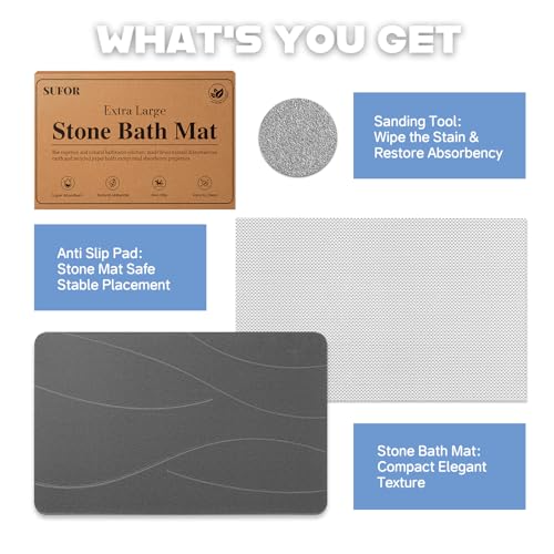 32"x20" Stone Bath Mat, Diatomaceous Earth Shower Mat, Non-Slip Bathroom Floor Mat, Natural, Easy to Clean (Dark Grey)