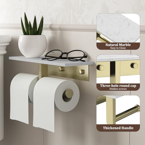 BWE Double Toilet Paper Holder with Shelf, Wall Mounted Tissue Roll Holder for Bathroom, Commercial Toilet Paper Dispenser, Marble Toilet Paper Storage Holder with Phone Shelf (Brushed Gold) - color: Double Brushed Gold